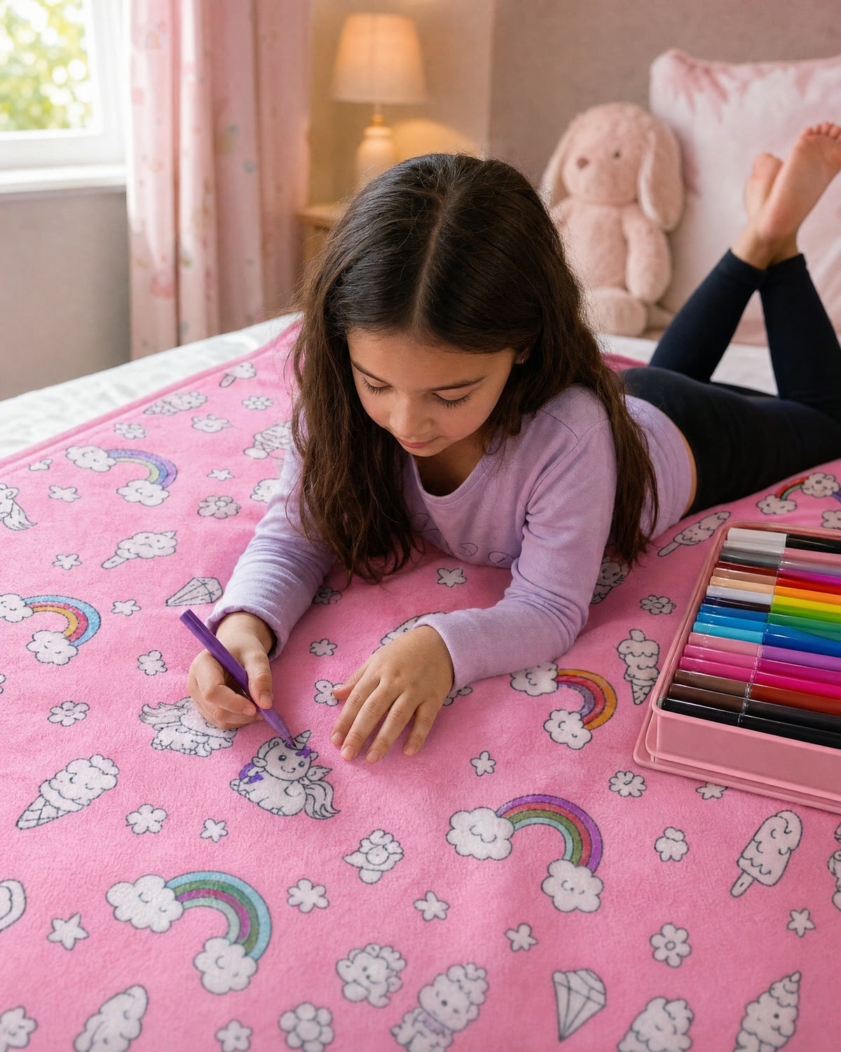 Bambina colora la coperta rosa sul letto