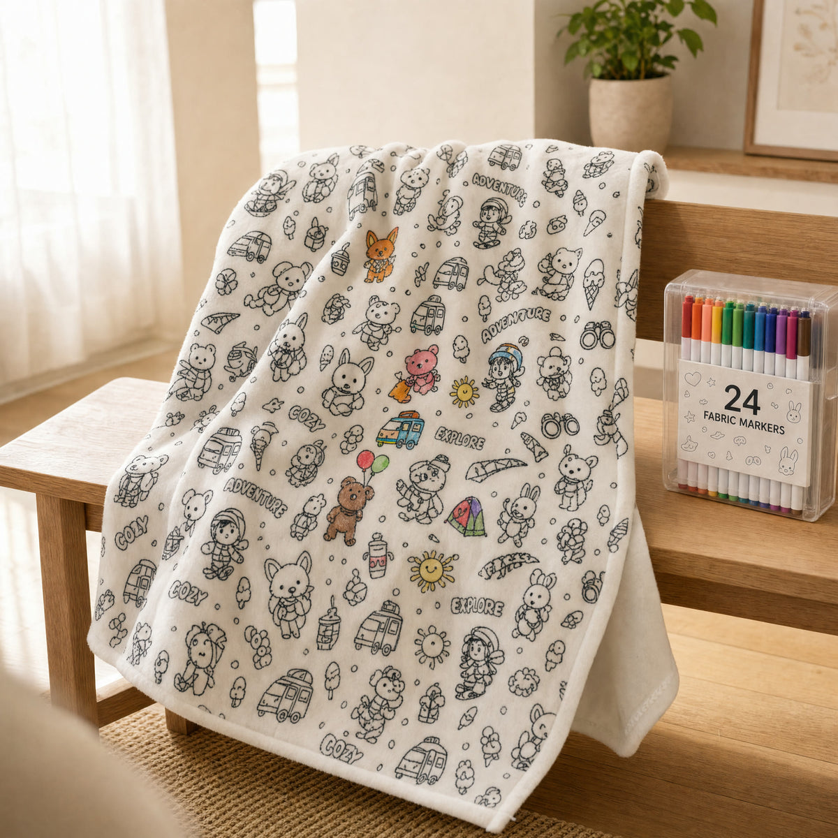 Coperta da colorare fantasia Avventura bianca con pennarelli