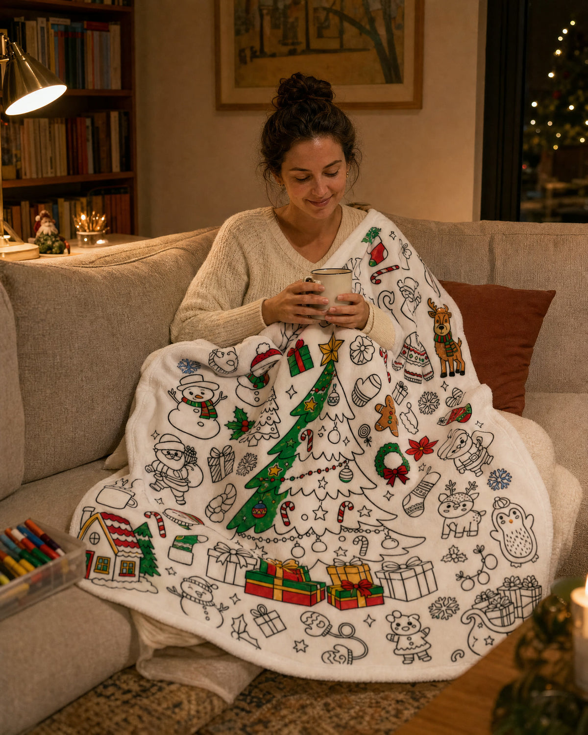 Donna avvolta nella coperta colorata sul divano con una tazza di te