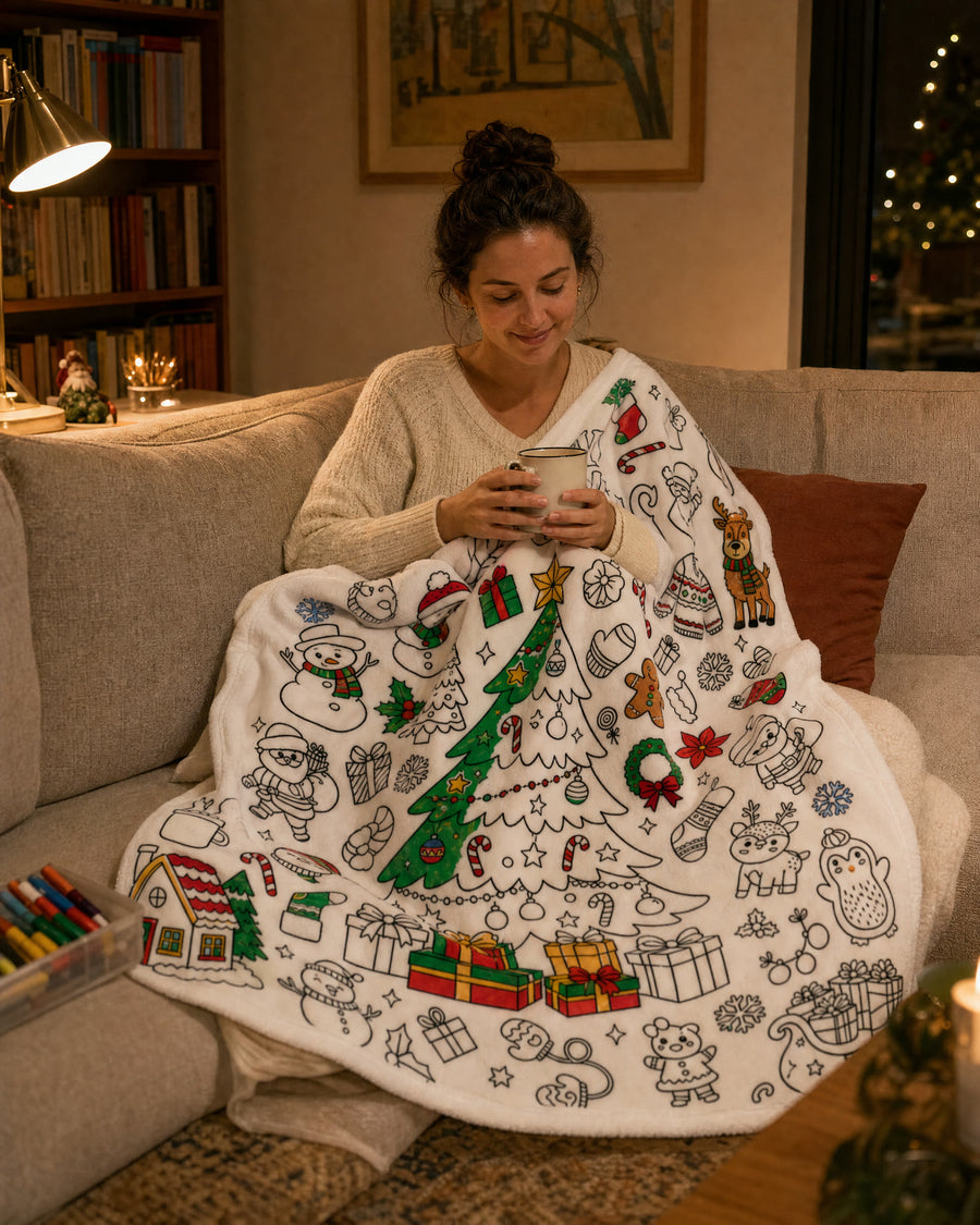 Donna avvolta nella coperta colorata sul divano con una tazza di tè