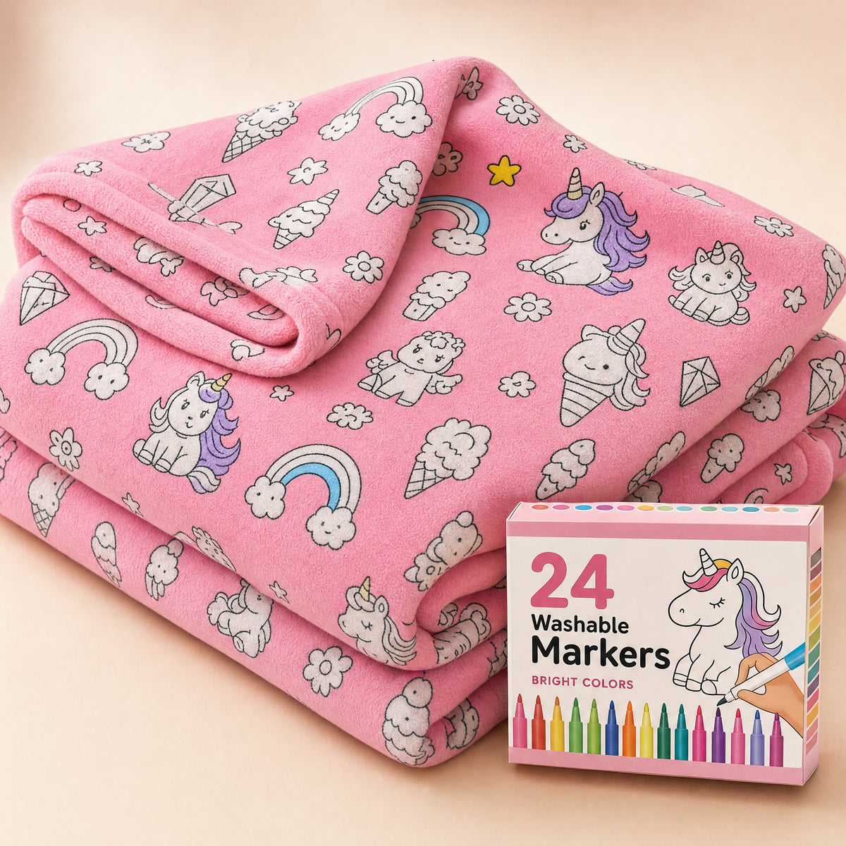 Coperta da colorare fantasia Magia rosa con pennarelli